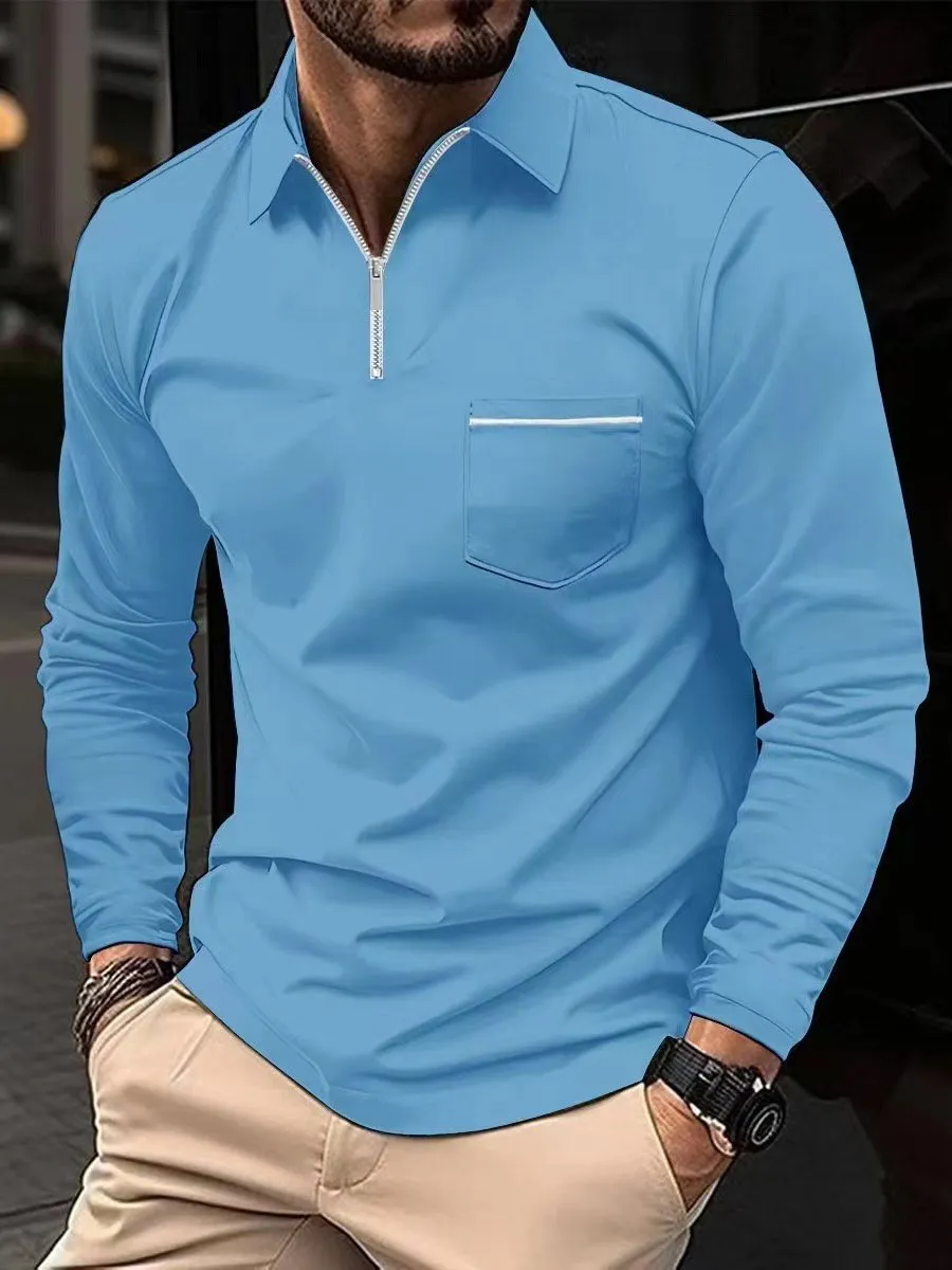 Alohadaddy Basic Men's Solid Color Zip Chest Pocket Stretch Comfortable Sports Long Sleeve Polo Shirt Big Tall