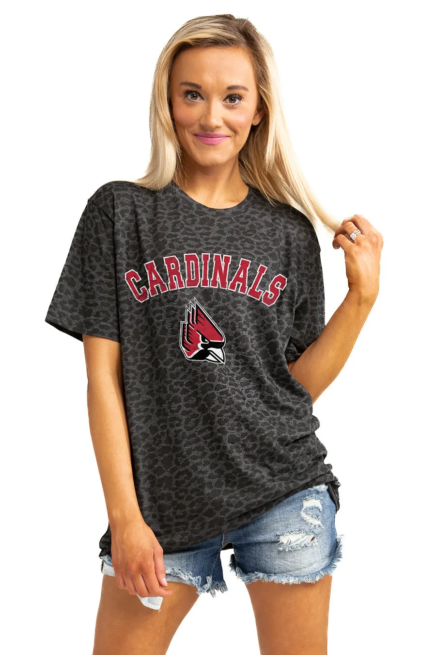 BALL STATE CARDINALS "ALL THE CHEER" LEOPARD STANDARD FIT CREW NECK TEE