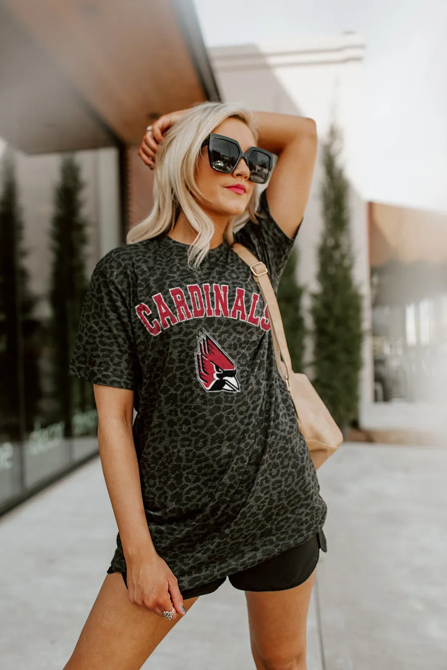 BALL STATE CARDINALS "ALL THE CHEER" LEOPARD STANDARD FIT CREW NECK TEE