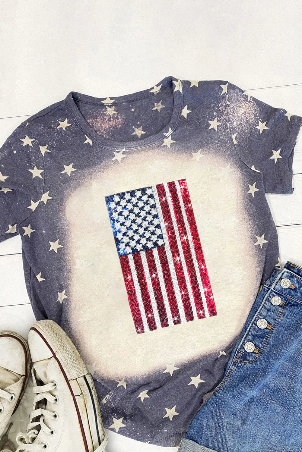 Blue Starry American Flag Sequin Tie Dye Graphic T Shirt