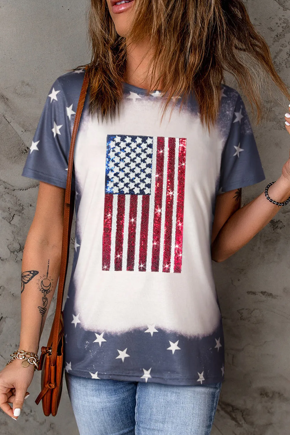 Blue Starry American Flag Sequin Tie Dye Graphic T Shirt