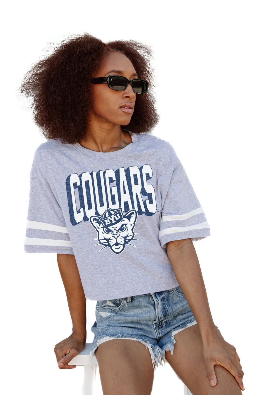 BYU COUGARS NO SHORTCUTS DROP SHOULDER MID-CROP TEE