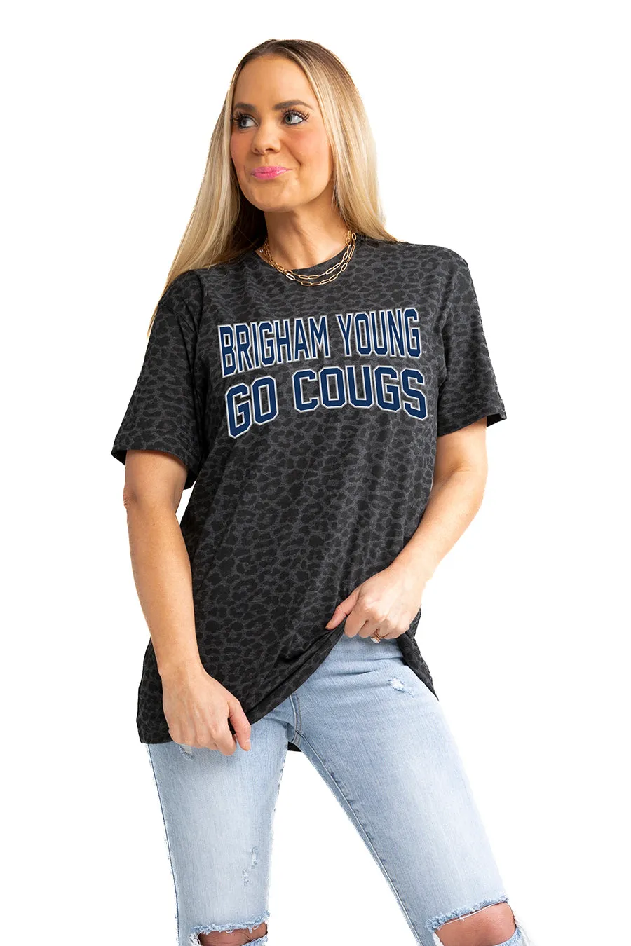 BYU COUGARS "FAN FAVORITE" LEOPARD STANDARD FIT CREW NECK TEE