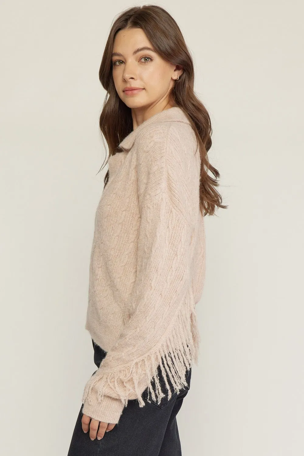 Cable knit collared long sleeve top with fringe