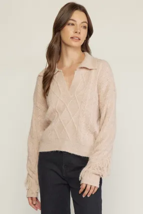 Cable knit collared long sleeve top with fringe