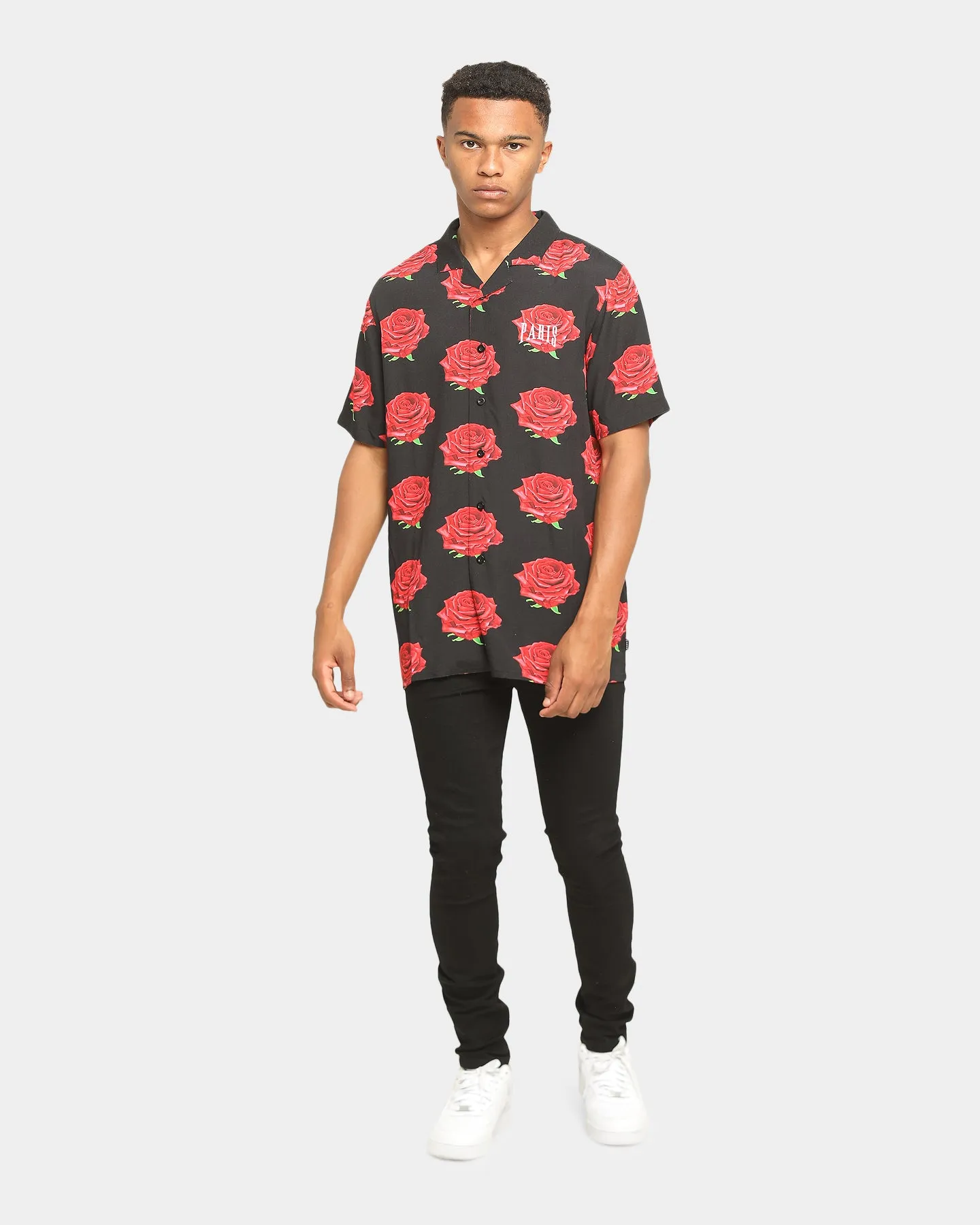 Carré Roses Short Sleeve Button Up Black