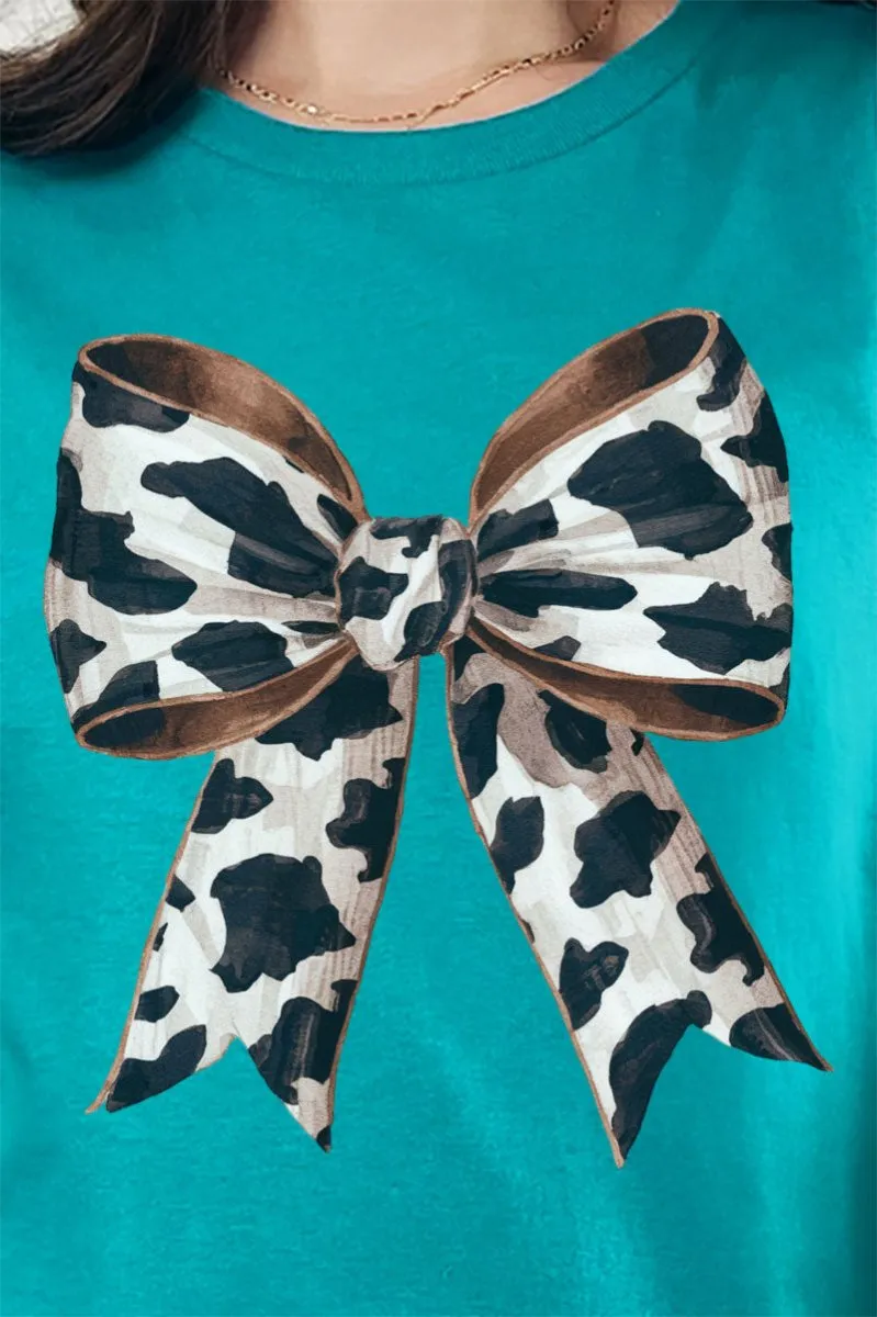 Cow Print Coquette Bow Short Sleeve Relaxed Fit T-Shirt