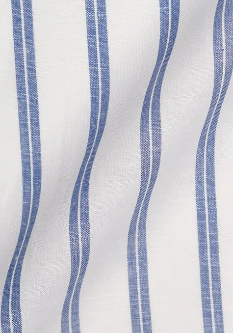 Dual Blue On White Cotton Linen Stripes Shirt - Cutaway Extreme Collar