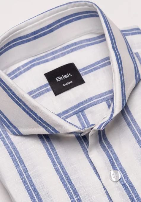 Dual Blue On White Cotton Linen Stripes Shirt - Cutaway Extreme Collar