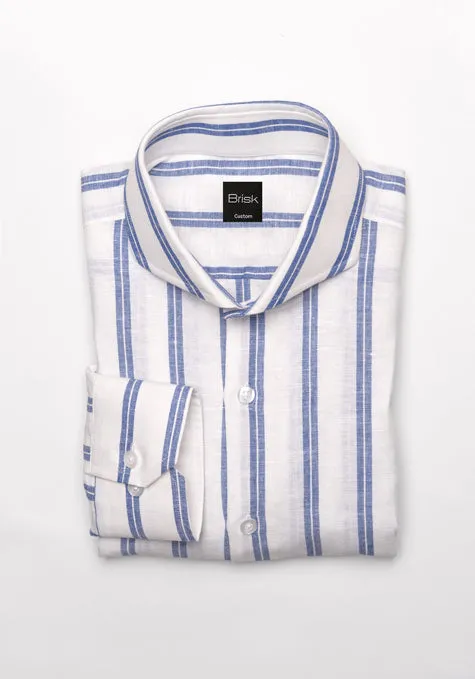 Dual Blue On White Cotton Linen Stripes Shirt - Cutaway Extreme Collar