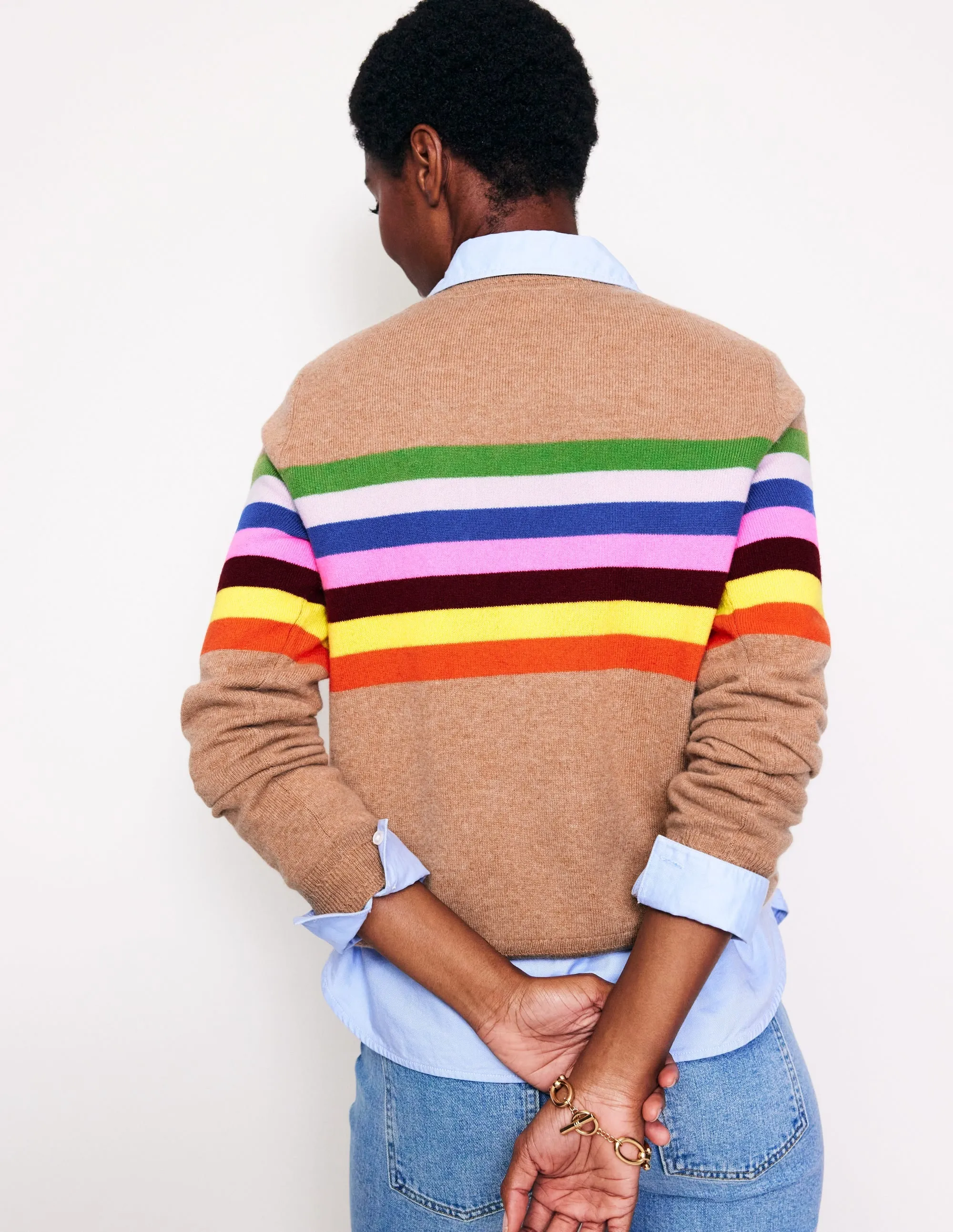 Eva Cashmere Crew Neck Jumper-Camel Melange, Rainbow