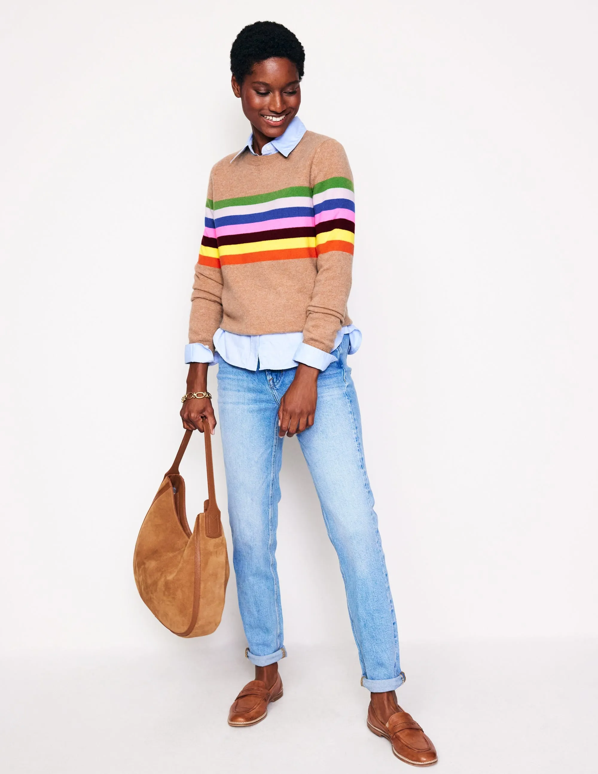 Eva Cashmere Crew Neck Jumper-Camel Melange, Rainbow