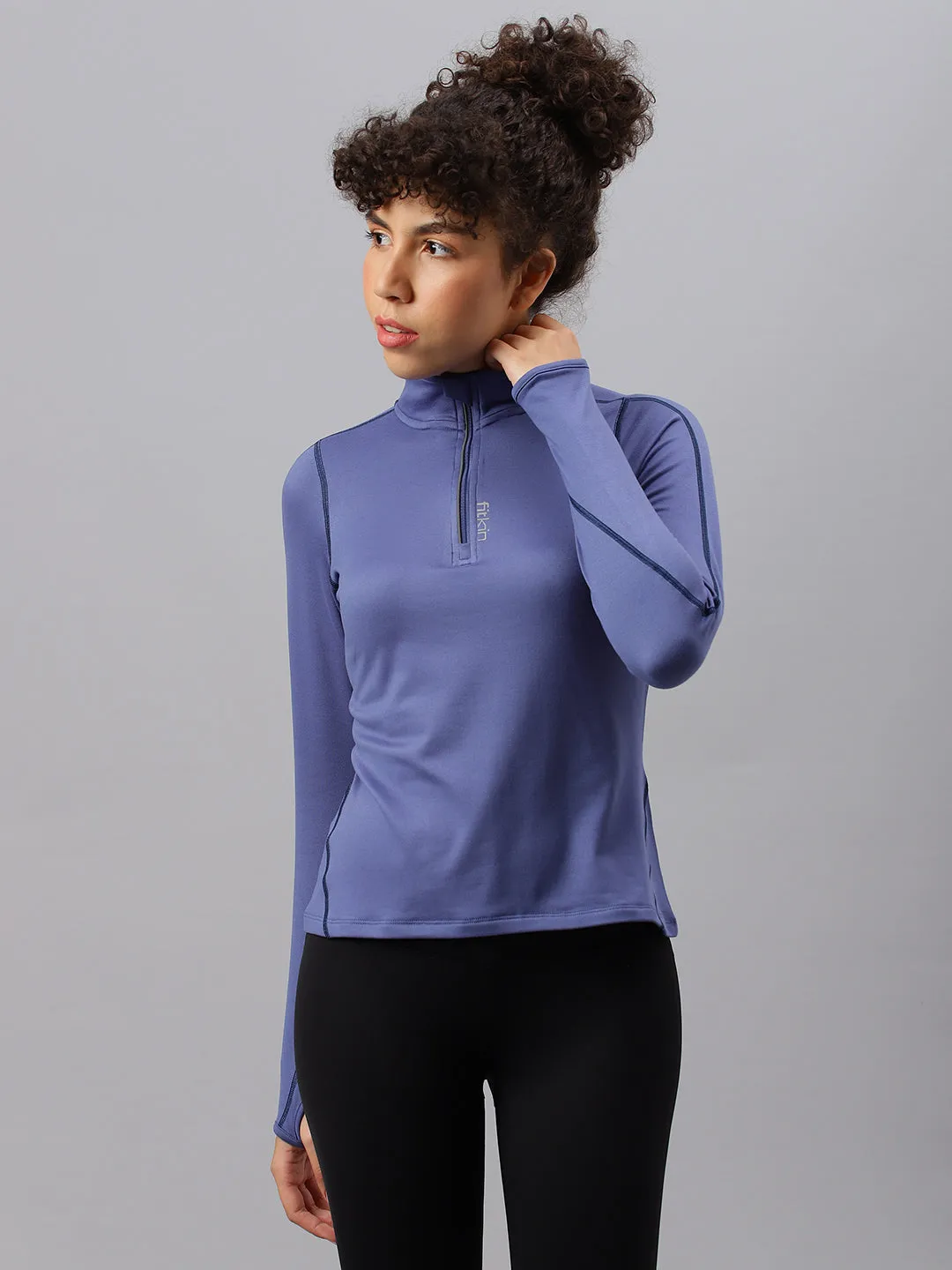 Fitkin women's blue brushed high neck front zipper full sleeves t-shirt