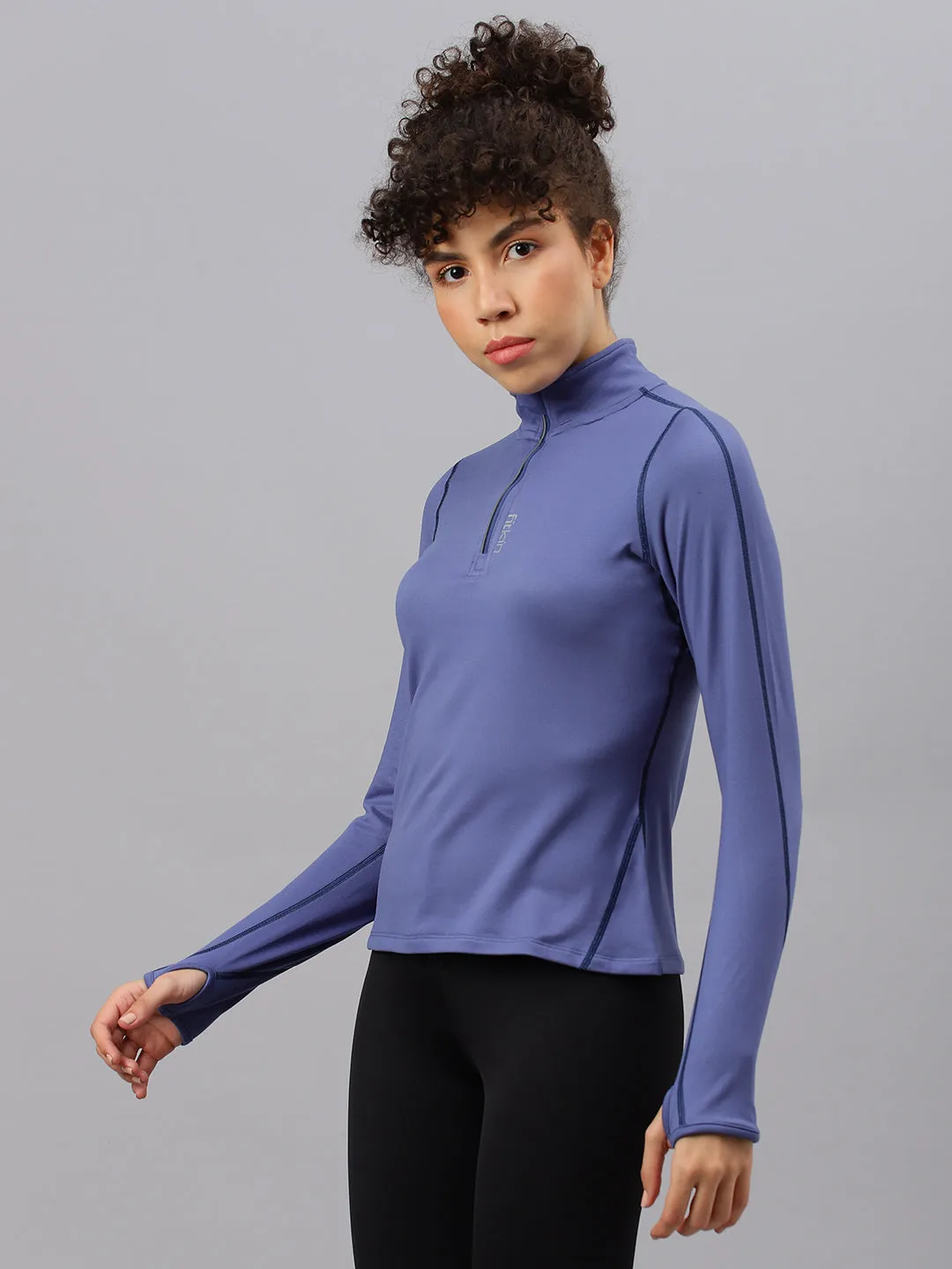 Fitkin women's blue brushed high neck front zipper full sleeves t-shirt