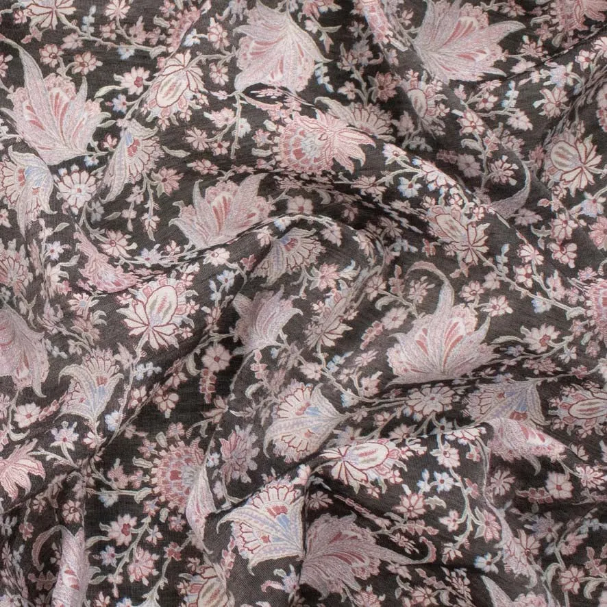 Glitter Pink Floral on Black Printed Crepe