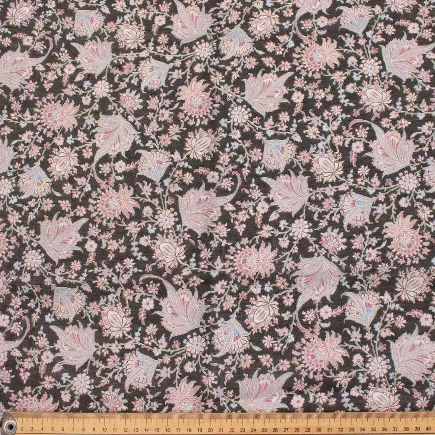 Glitter Pink Floral on Black Printed Crepe