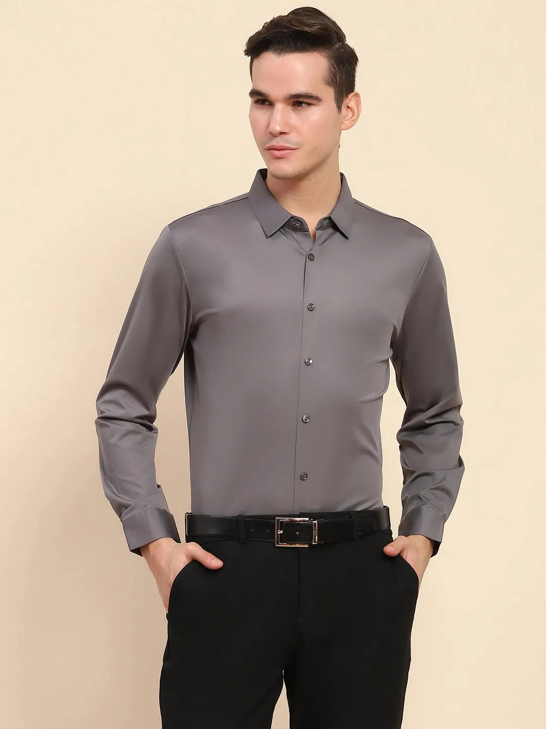 Gray Nylon Blend Solid Formal Shirt