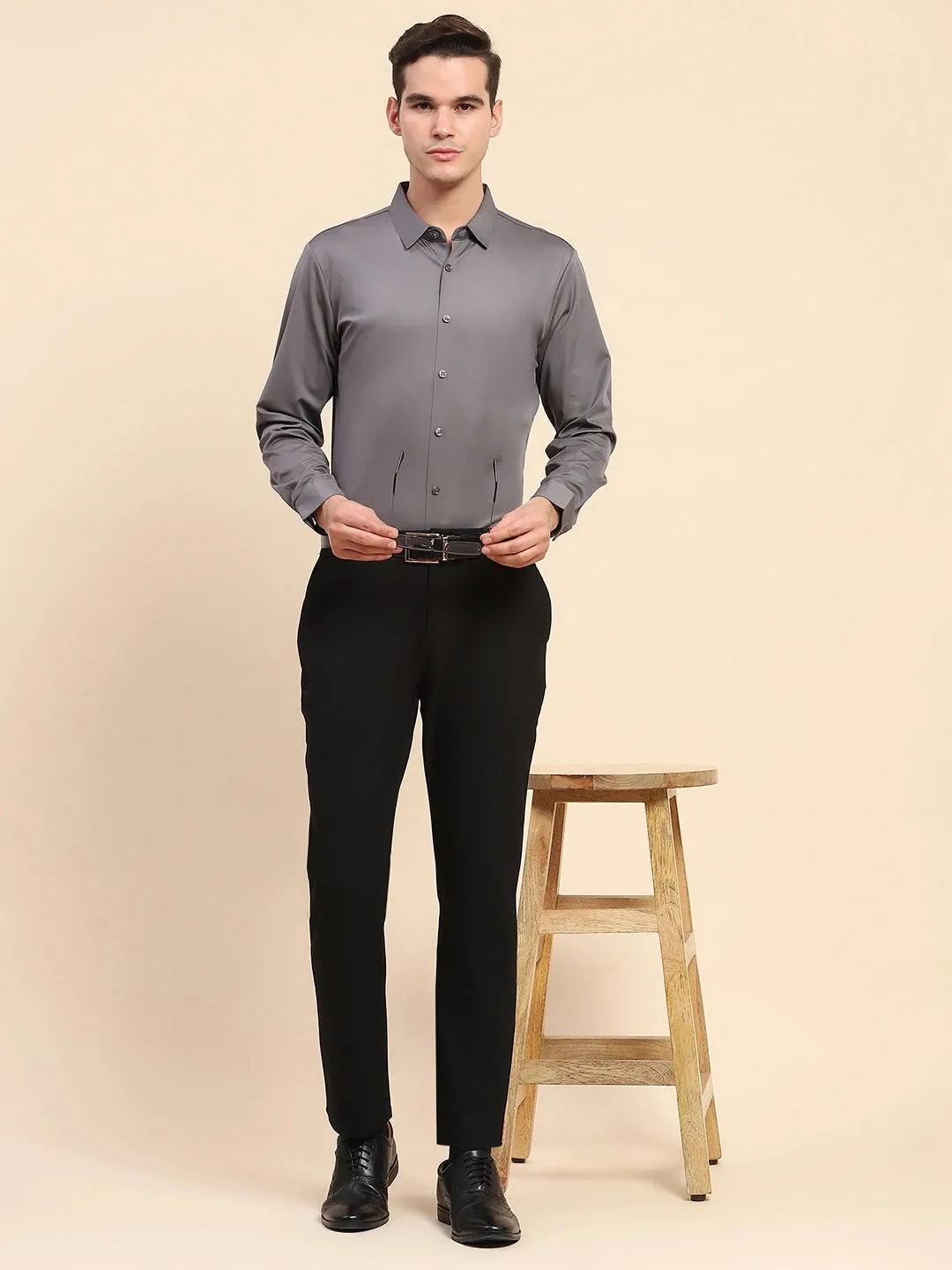 Gray Nylon Blend Solid Formal Shirt