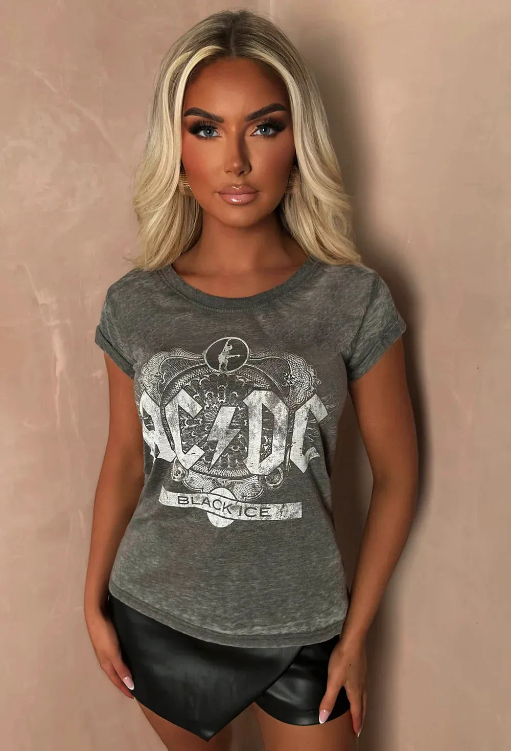 High Voltage Grey ACDC Acid Wash Licensed T-Shirt