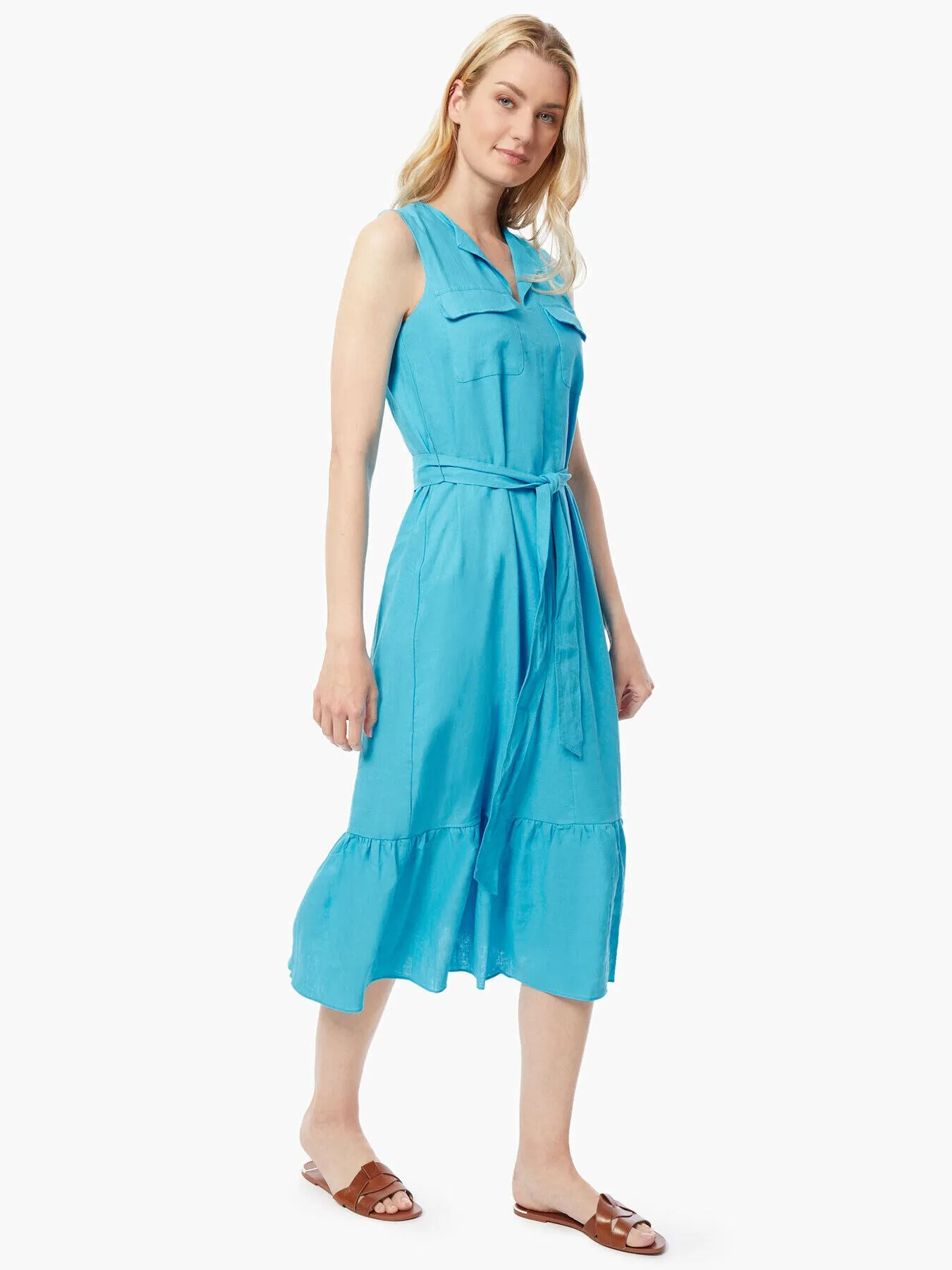 Linen-Blend Flounce Hem Utility Midi Dress