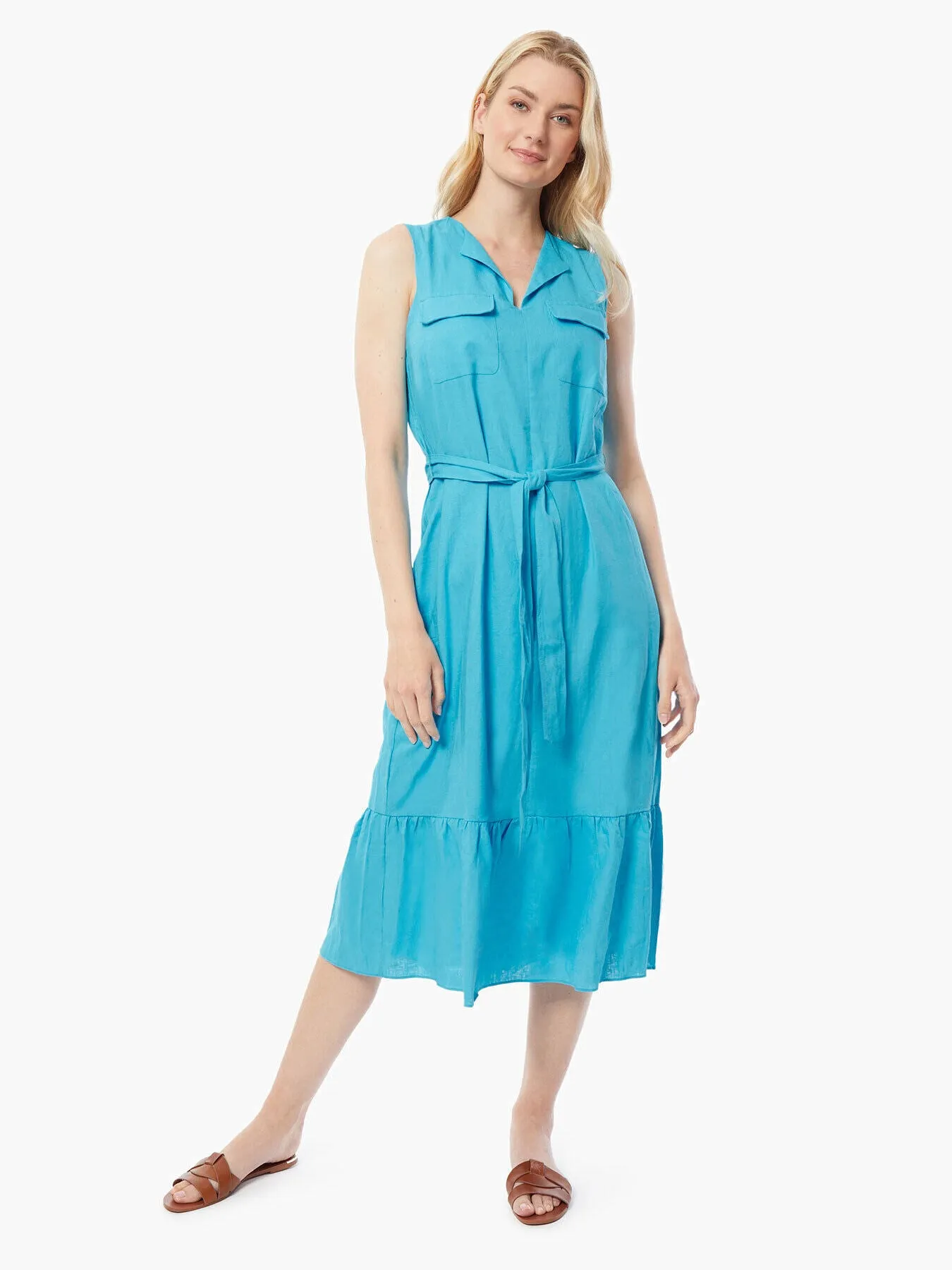 Linen-Blend Flounce Hem Utility Midi Dress