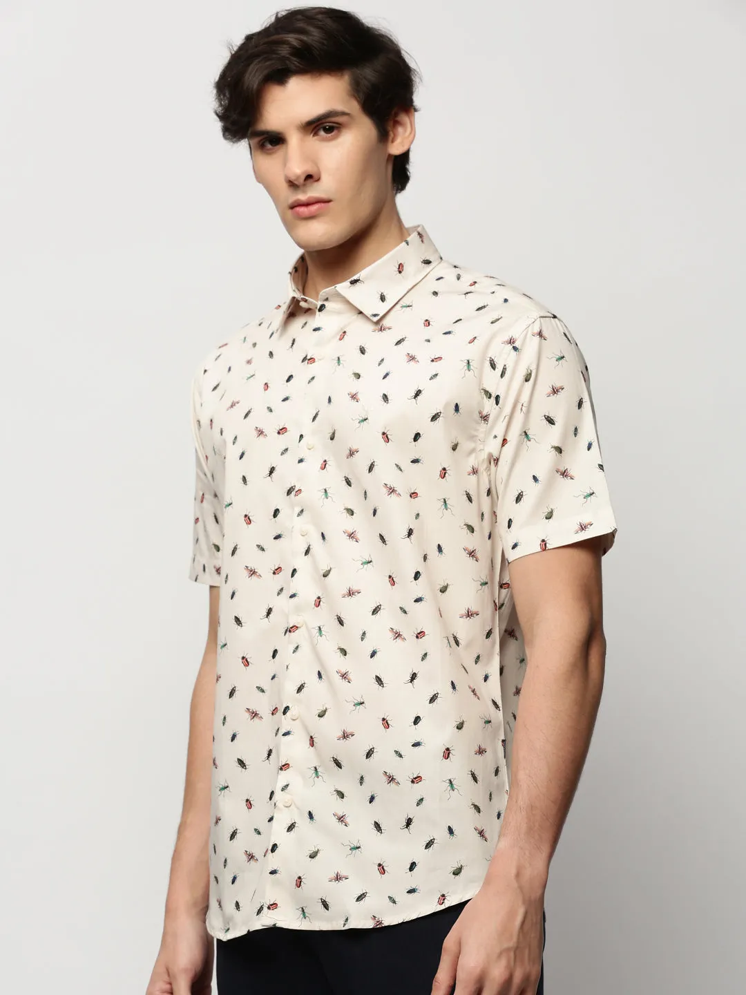 Men Cream Printed Casual Casual Shirts