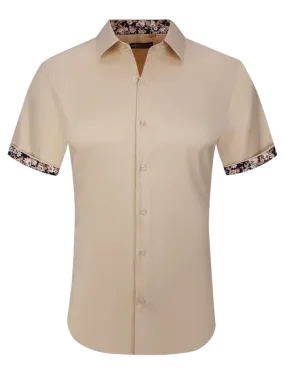 Men's khaki shirt short sleeves tan shirts paisley cuff on the sleeves