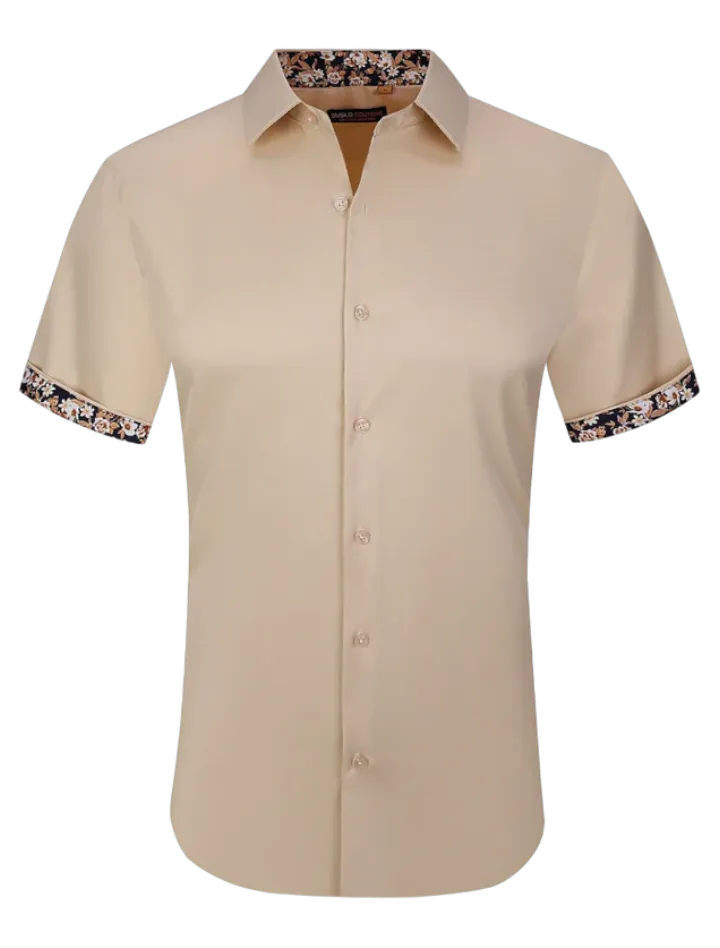 Men's khaki shirt short sleeves tan shirts paisley cuff on the sleeves