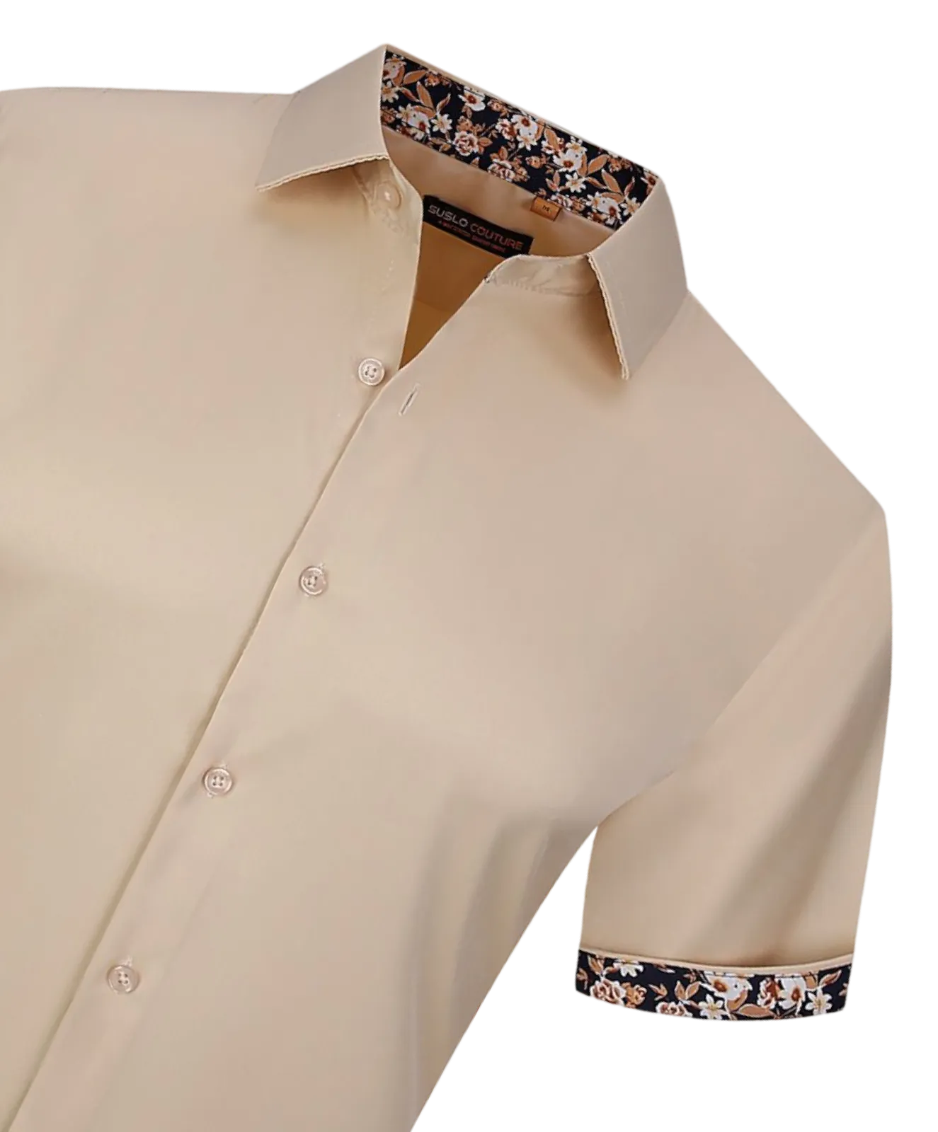 Men's khaki shirt short sleeves tan shirts paisley cuff on the sleeves