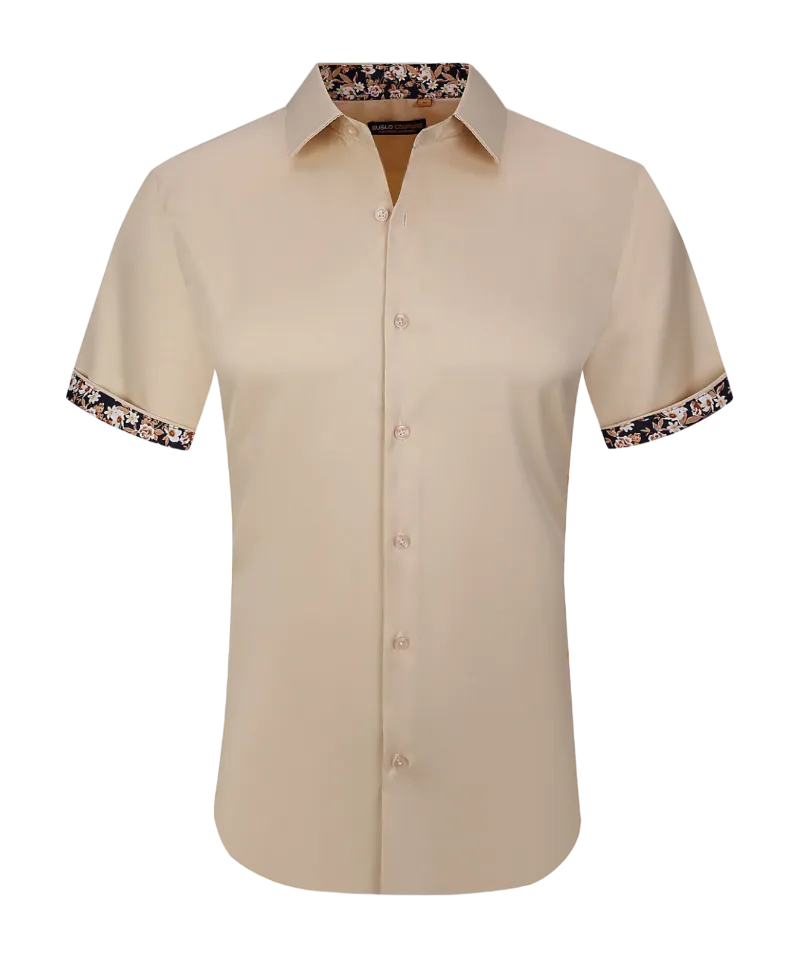 Men's khaki shirt short sleeves tan shirts paisley cuff on the sleeves