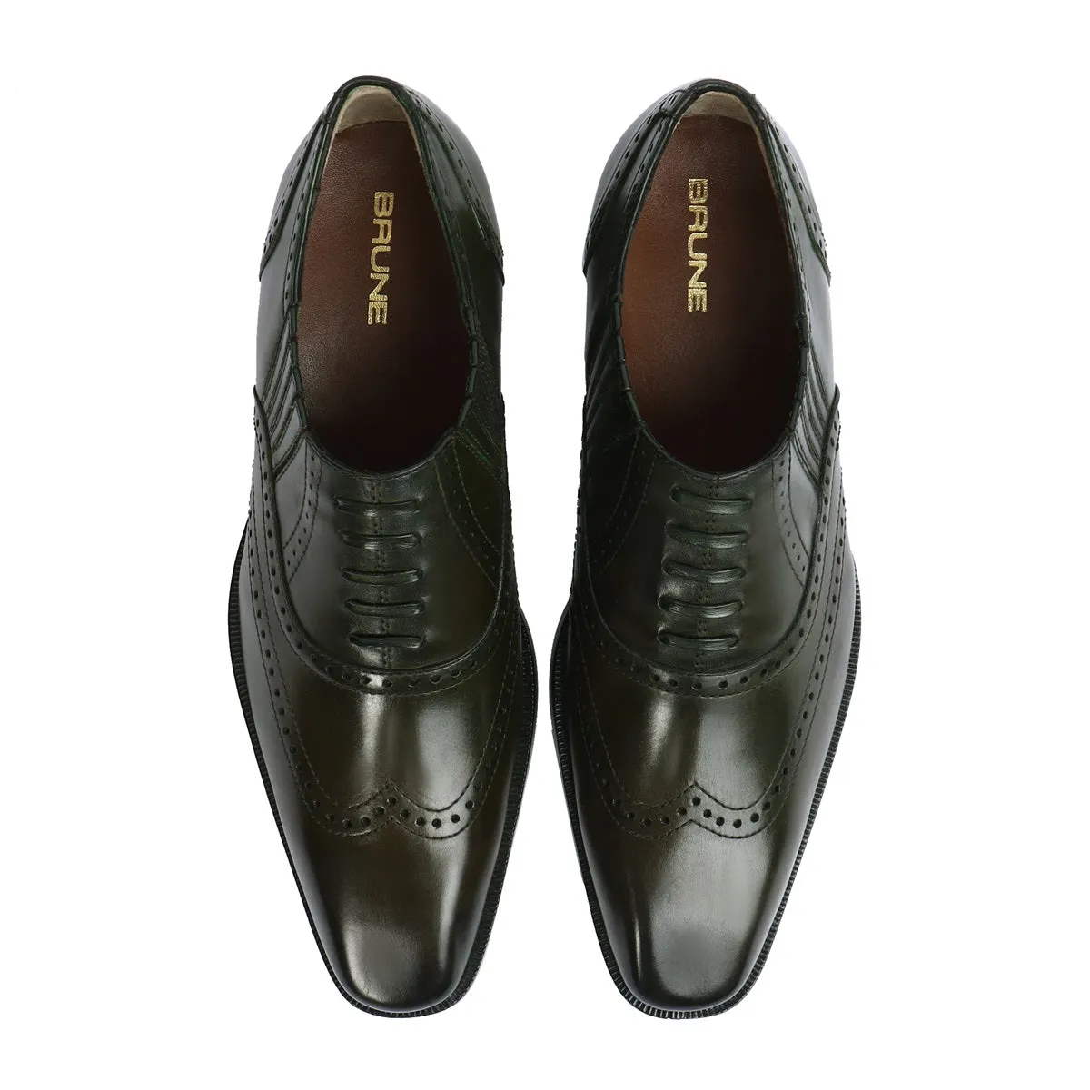 Olive Lazy Man Stylish Wingtip Punching with Fixed Oxfords Lace-up Shoes by Brune & Bareskin