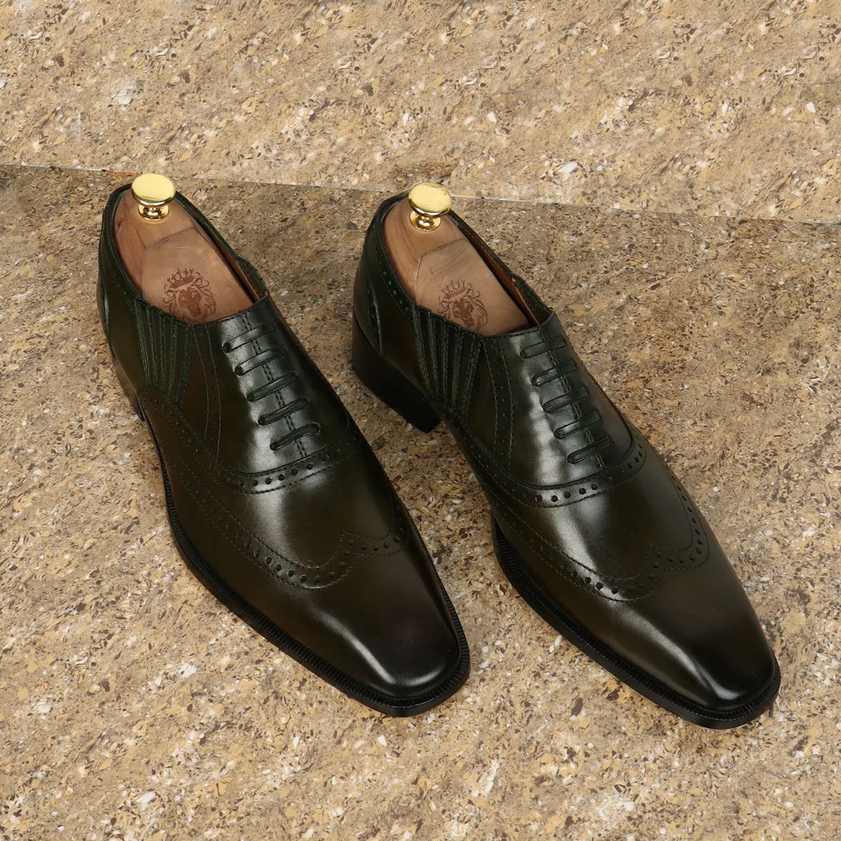 Olive Lazy Man Stylish Wingtip Punching with Fixed Oxfords Lace-up Shoes by Brune & Bareskin