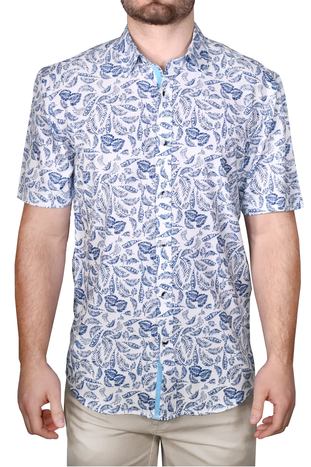 Printed Short Sleeve Woven Shirt, Blue Feather