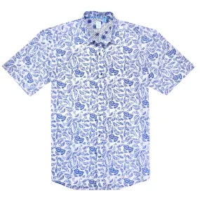 Printed Short Sleeve Woven Shirt, Blue Feather