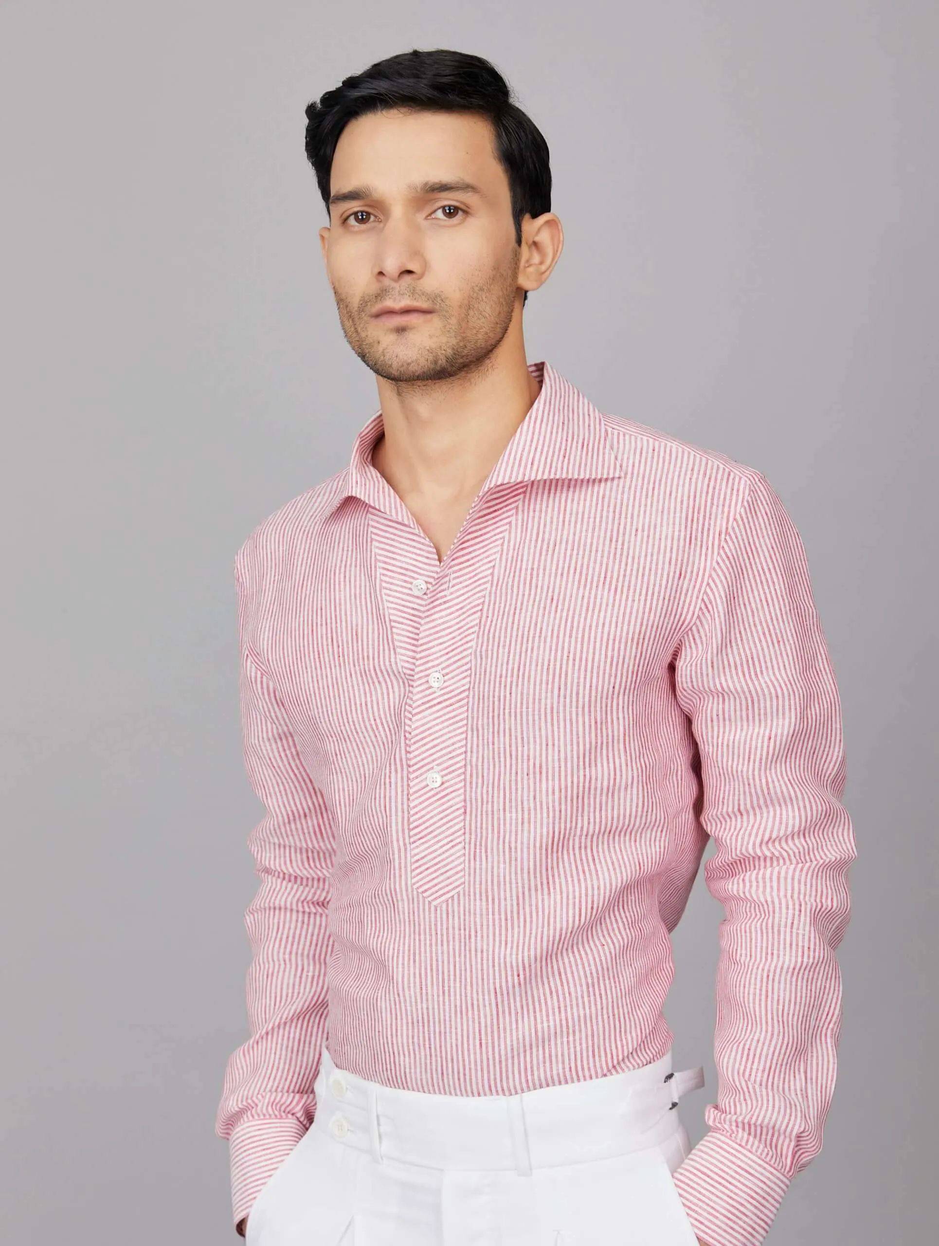 Red and White Stripe Linen Popover Shirt