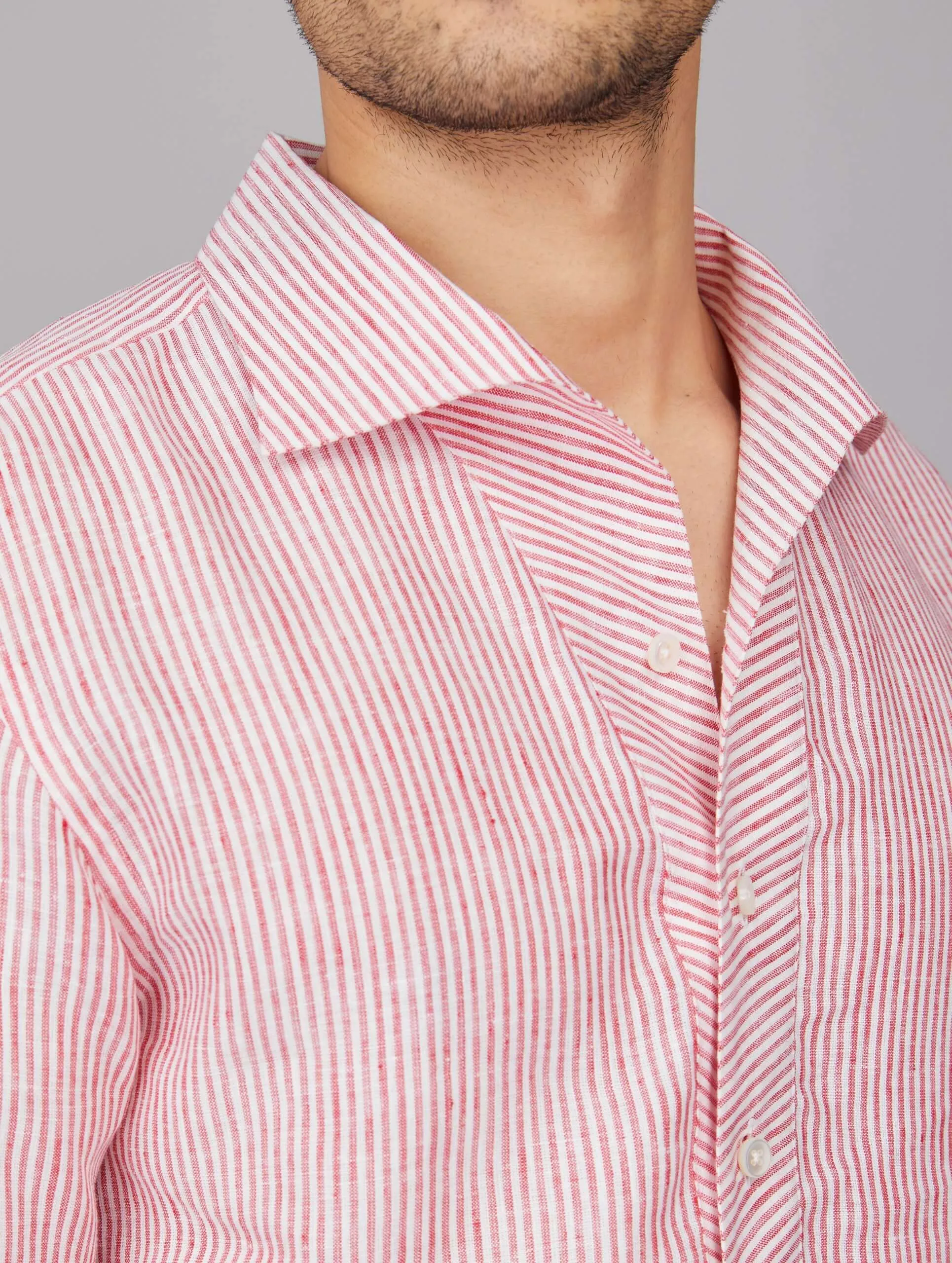 Red and White Stripe Linen Popover Shirt