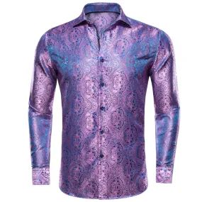 Shining Purple Blue Paisley Silk Men's Shirt