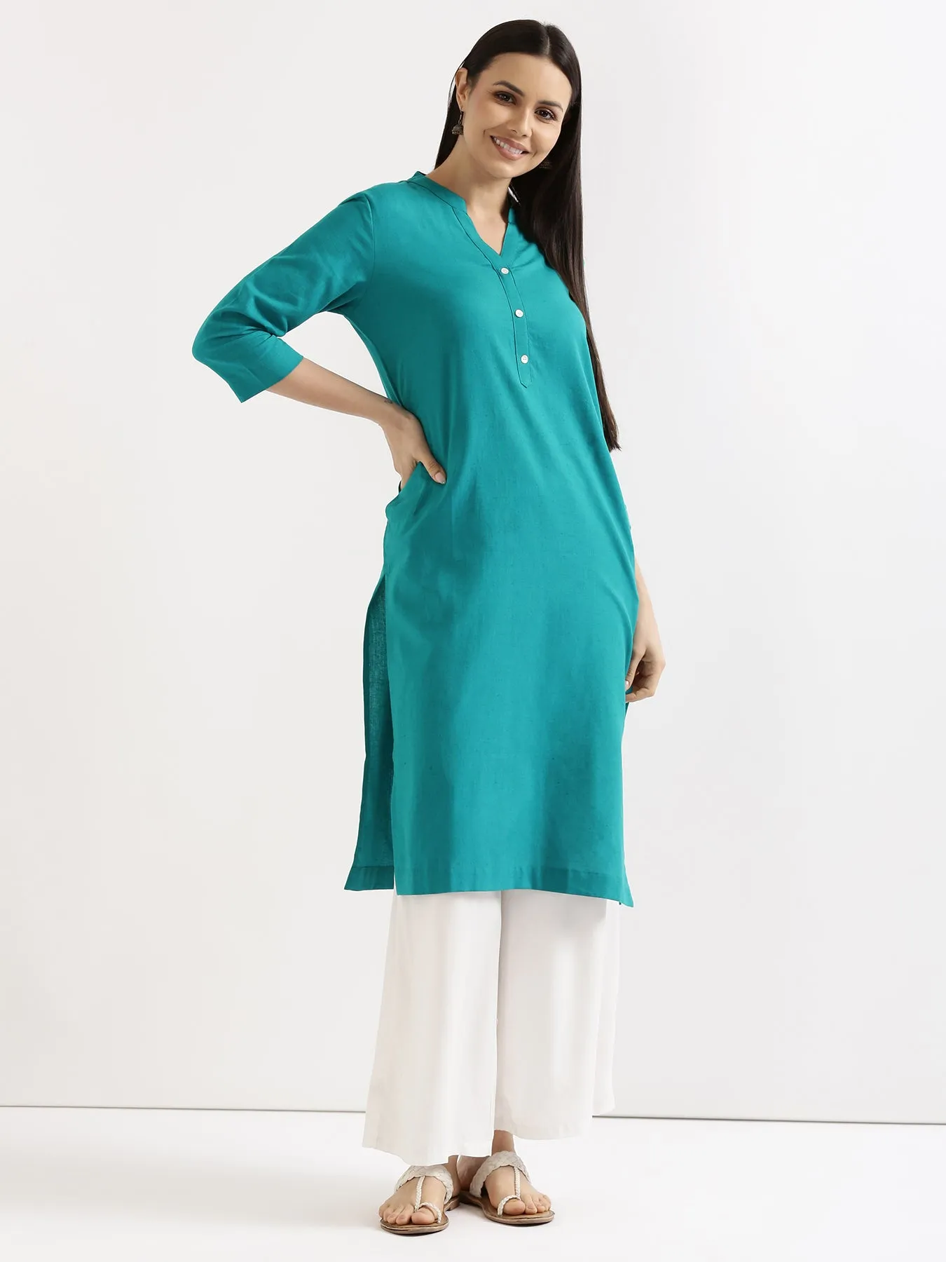 Teal Airy Linen Long Kurta