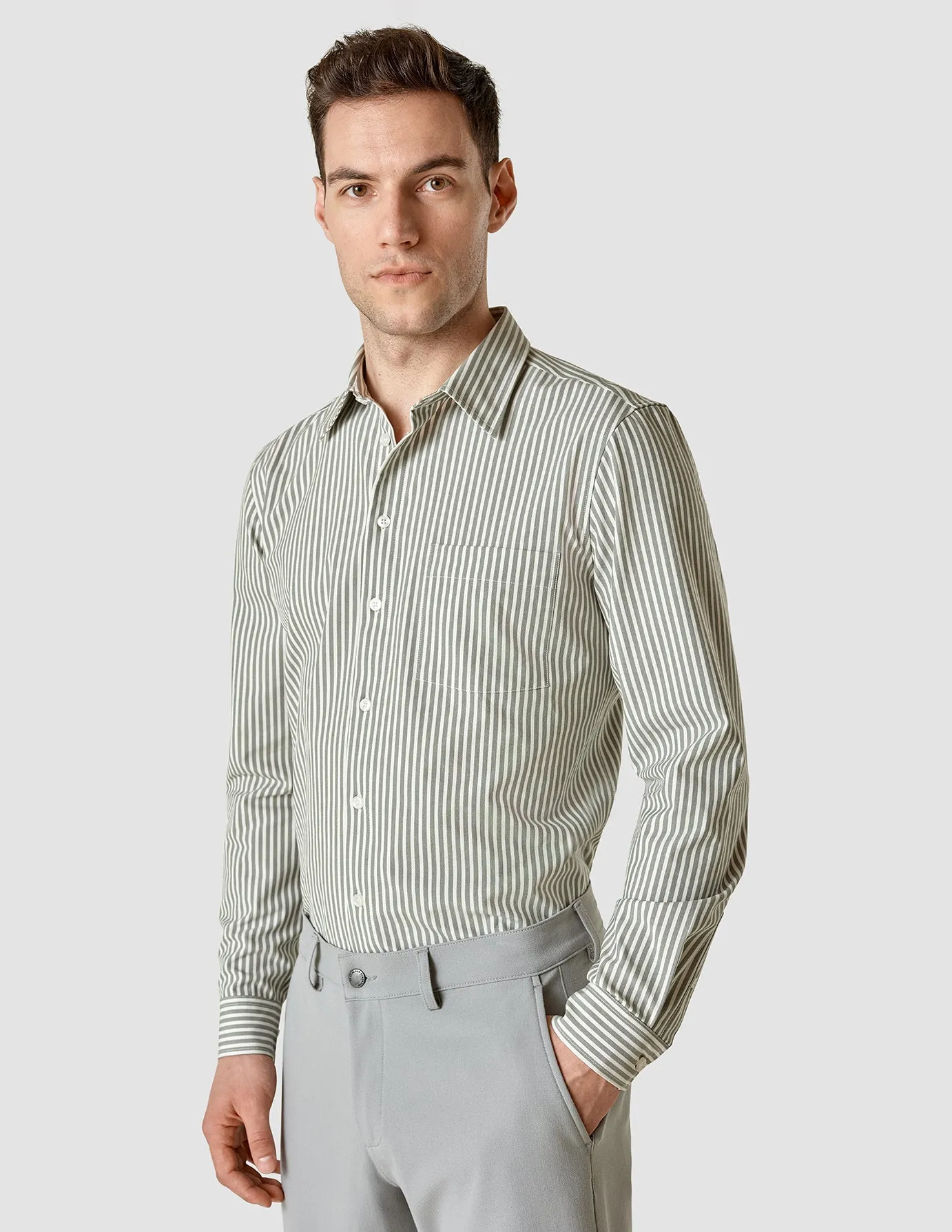 Tech Linen Casual Shirt Green Stripe