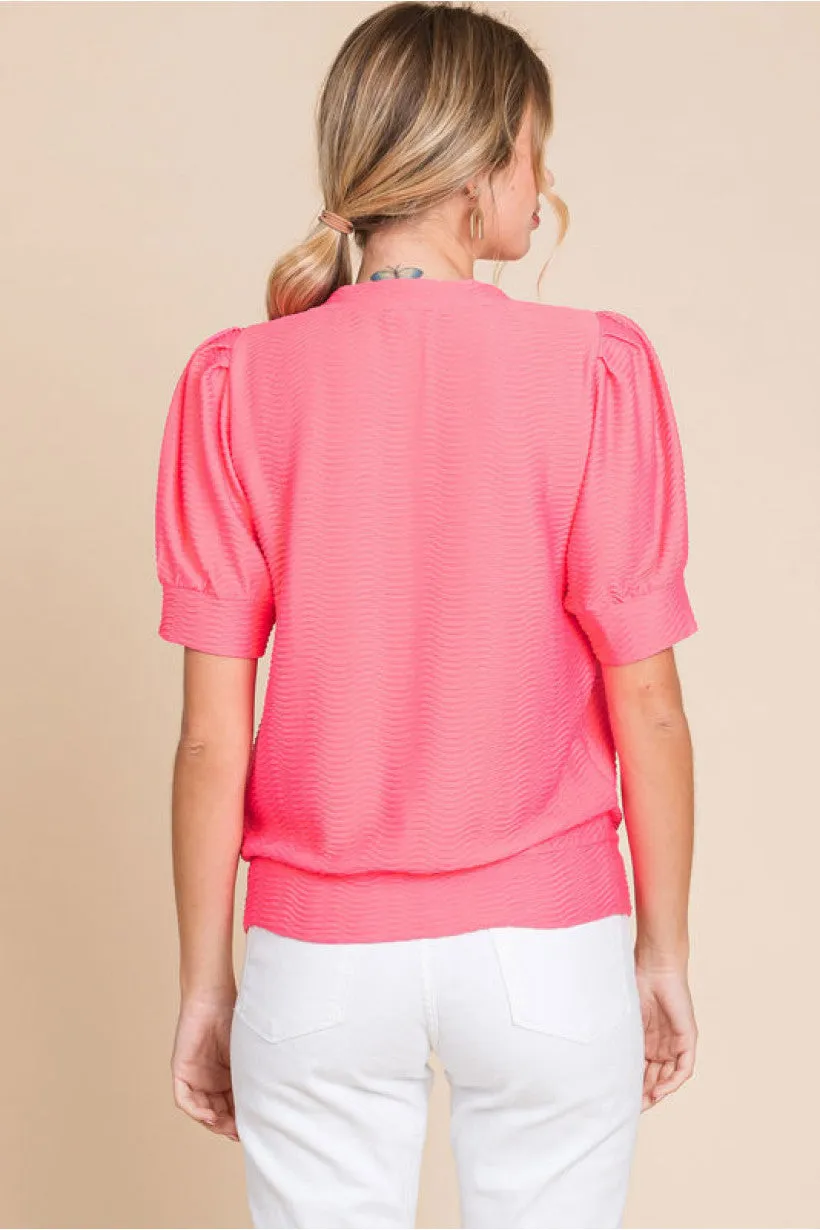 Textured Top W/U-neck, Short Puffed Sleeves, and Band Hems