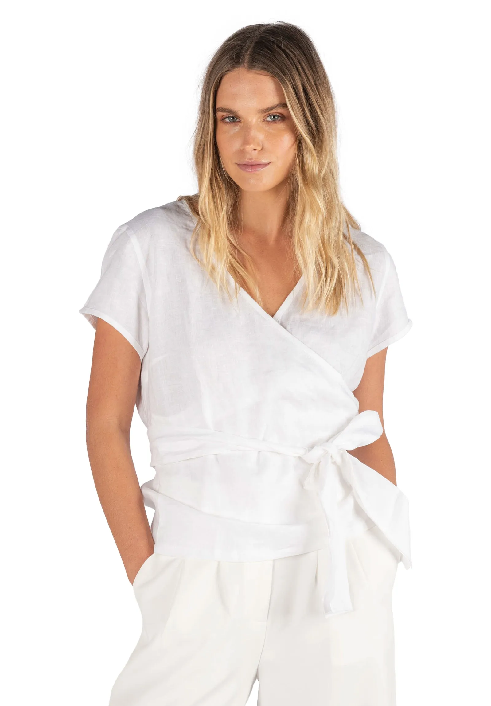 Veronica White Wrap Linen Blouse