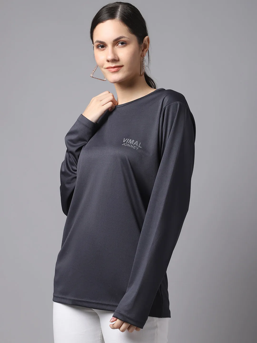 Vimal Jonney Dryfit Lycra Grey FullSleeve T-Shirt For Women