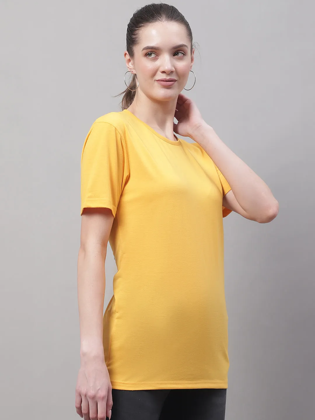 Vimal Jonney Round Neck Cotton Solid Yellow T-Shirt for Women