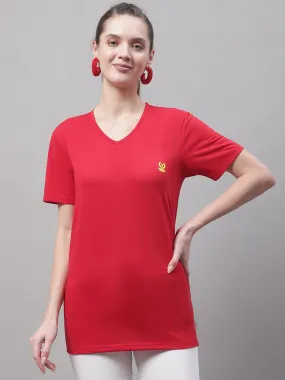 Vimal Jonney V Neck Cotton Solid Red T-Shirt for Women