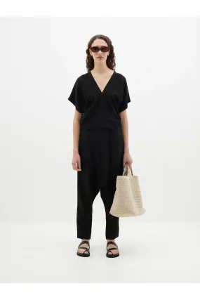 Viscose Linen V Neck Top in Black