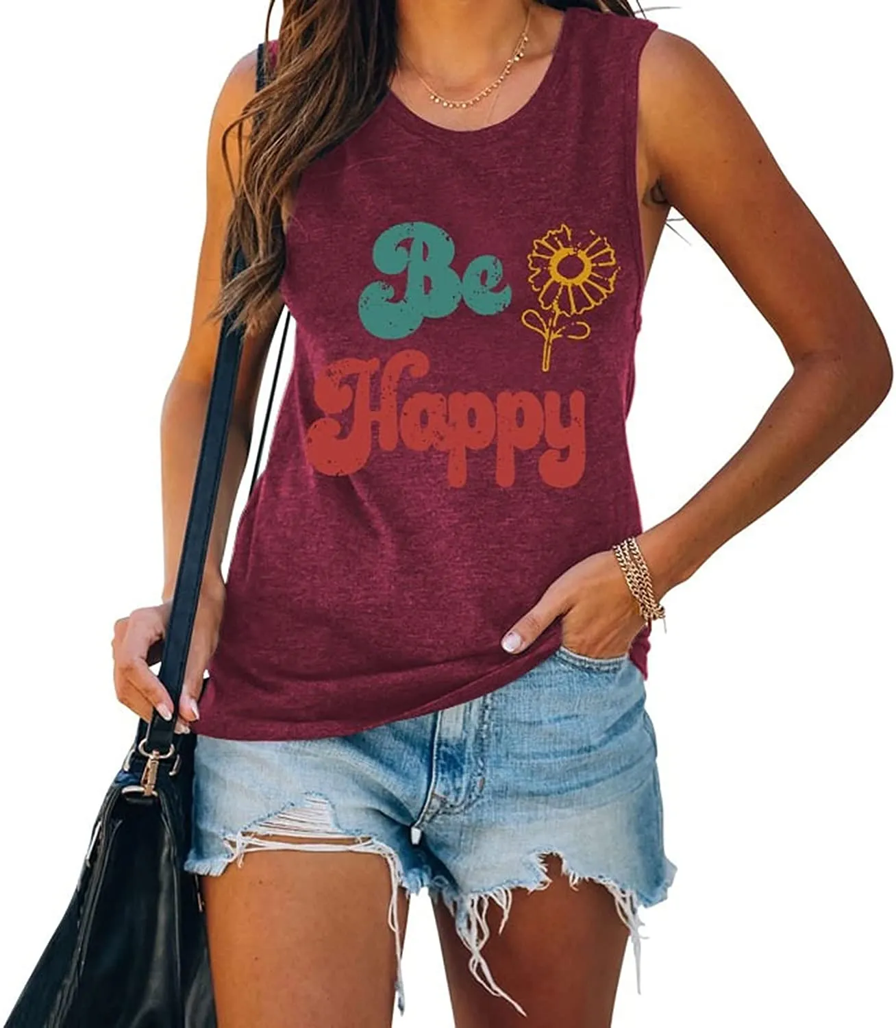 Women Be Happy Sunflower T-Shirt Inspirational Happiness Graphic Tees