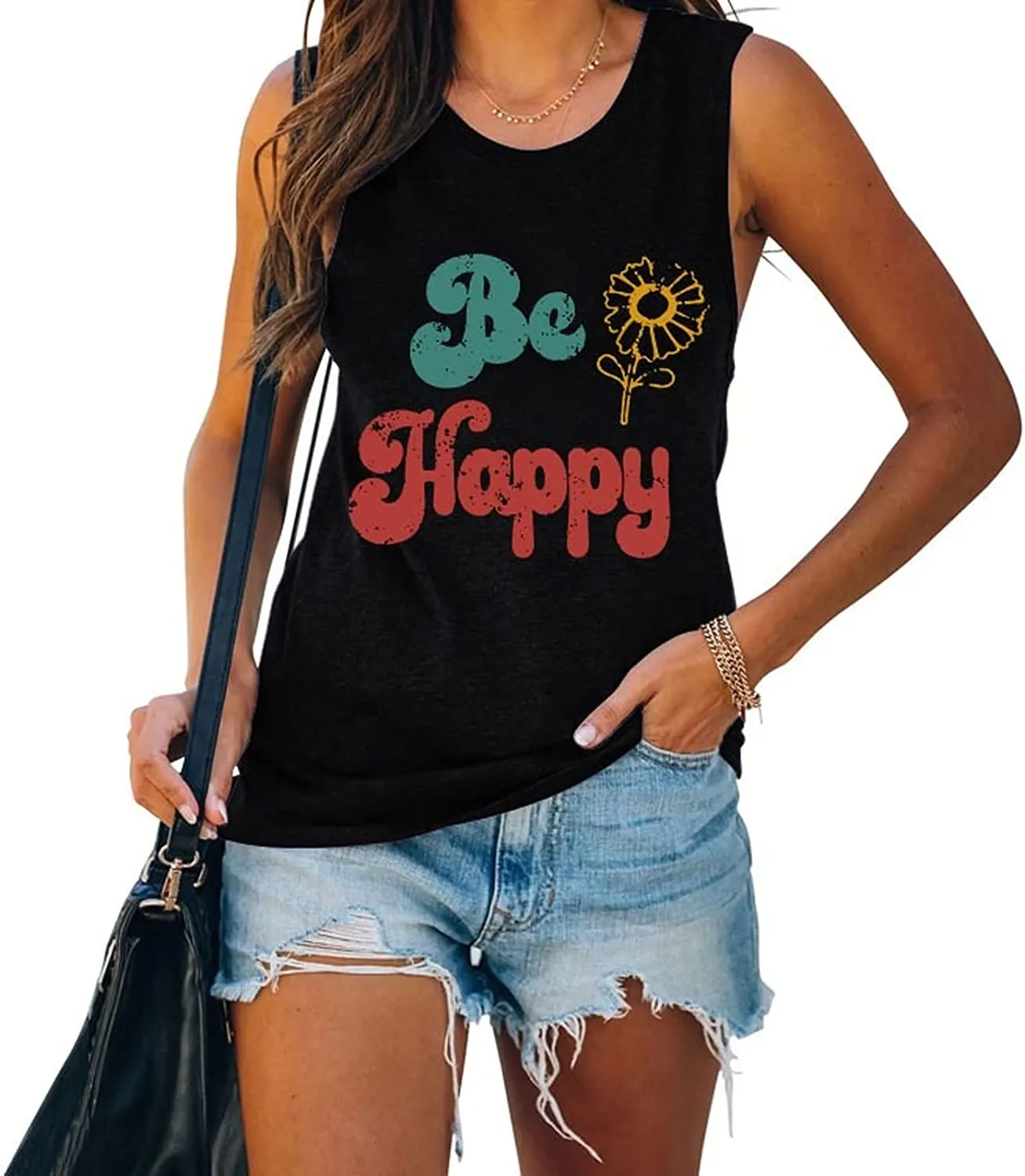 Women Be Happy Sunflower T-Shirt Inspirational Happiness Graphic Tees