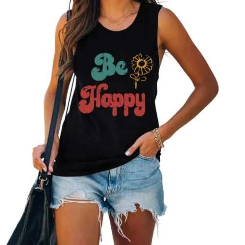 Women Be Happy Sunflower T-Shirt Inspirational Happiness Graphic Tees